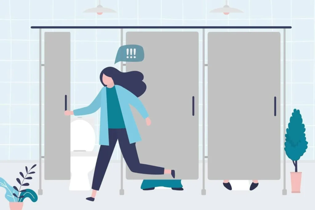 graphic of Urine incontinence Teddington woman running to the toilet.