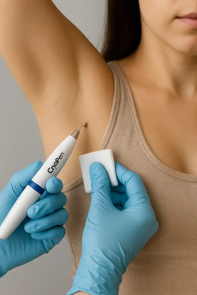 woman having cryopen to remove underarm skin tags Teddington