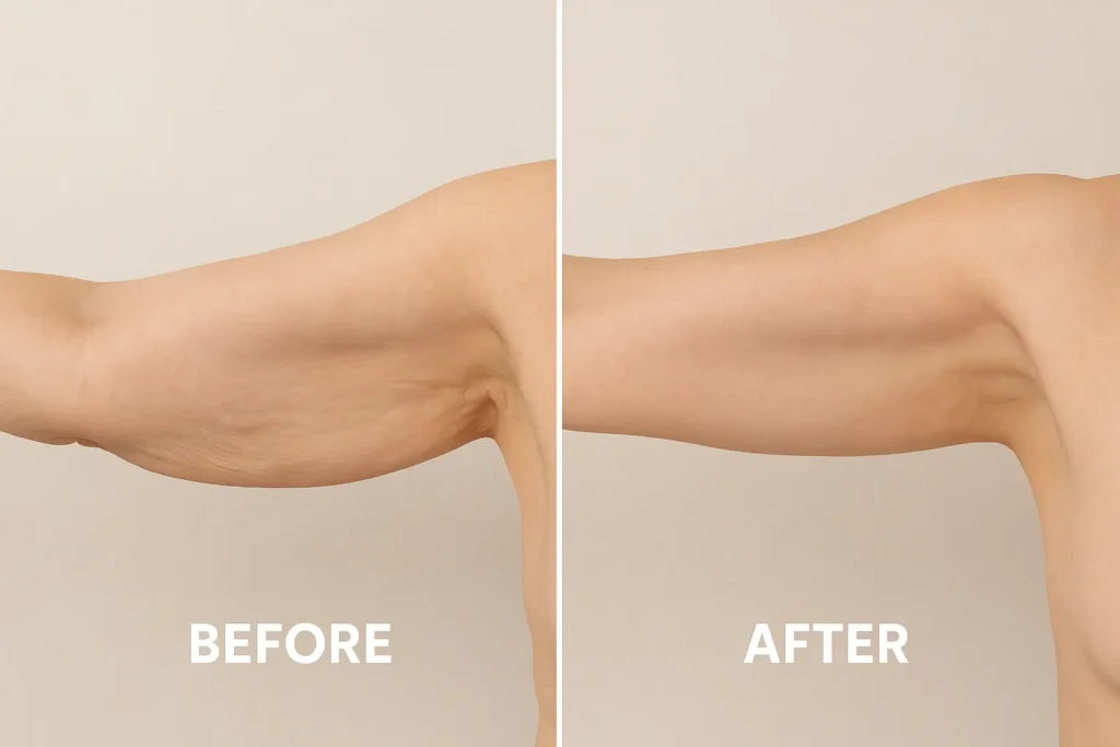 Picture of LA LIPO Teddington before and after results of skin tightening treatment on the upper arms.