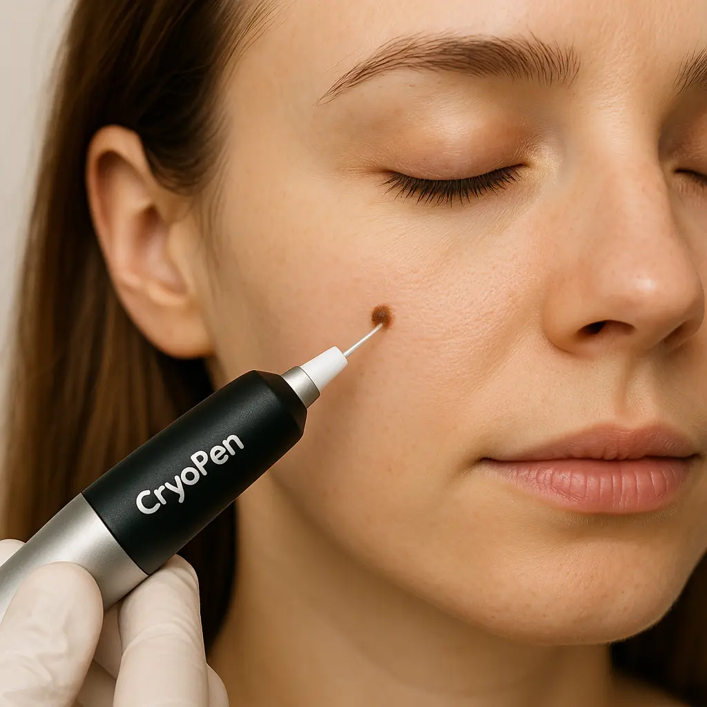 woman receiving facial mole removal Teddington using cryopen
