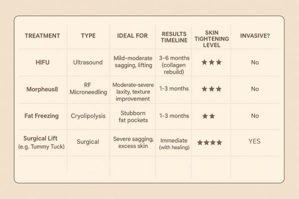 Table showing the comparisons of Skin tightening Teddington treatment options.